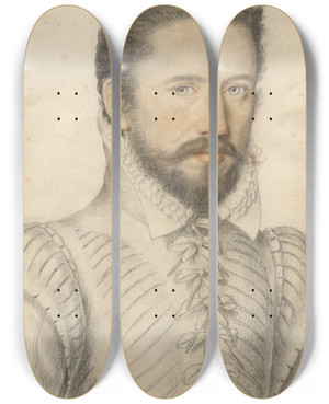 Triptych art skateboard deck of Master Of The Lcurieux Collection Portrait Of A Bearded Man Halflength Wearing A Slashed Doublet by Master Of The Lecurieux Collection (1555-1581) Triptych art skateboard deck of Master Of The Lcurieux Collection Portrait Of A Bearded Man Halflength Wearing A Slashed Doublet by Master Of The Lecurieux Collection (1555-1581)