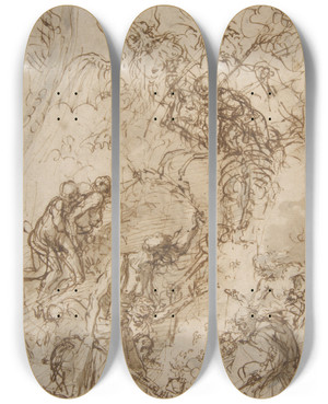 Triptych art skateboard deck of Salvator Rosa Witches Sabbath_2 by Salvator Rosa (1615-1673)