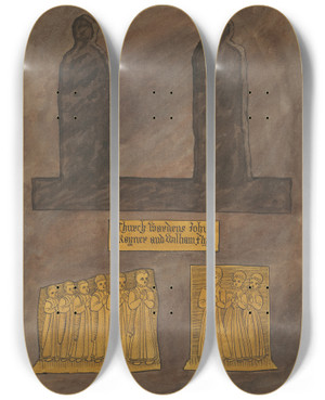 Triptych art skateboard deck of Daniel Lysons Brass Plates On An Unidentified Tomb In The Pavement Of The South Aisle From Hillingdon Church by Daniel Lysons (1762-1834)