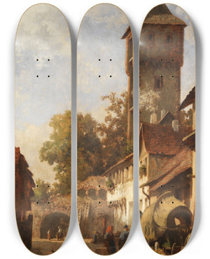 Triptych art skateboard deck of Karl Weysser Sddeutsches Stdtchen Im Sommer by Karl Weysser (1833-1904)