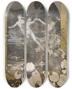 Triptych art skateboard deck of Alexander Rothaug Reigen Tanz Musik Liebe by Alexander Rothaug (1870-1946)