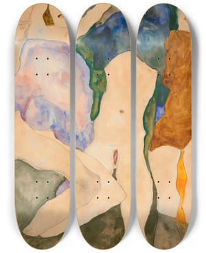 Triptych art skateboard deck of Egon Schiele Drei Mdchen by Egon Schiele (1890-1918)