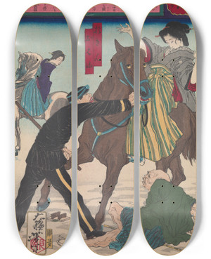 Triptych art skateboard deck of Tsukioka Yoshitoshi Police Arresting The Geisha Oharu And Okin For Injuring An Old Man While Galloping On Horseback by Tsukioka Yoshitoshi (1839-1892)