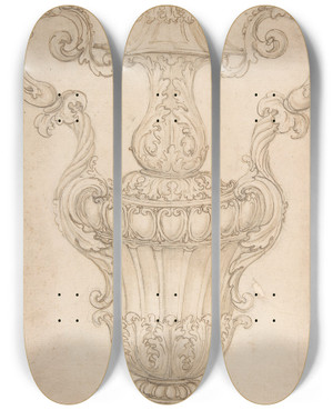 Triptych art skateboard deck of Giovanni Battista Foggini Design For A Twohandled Urn With Acanthus Shell And Eggandtongue Motif by Giovanni Battista Foggini (1652-1725)