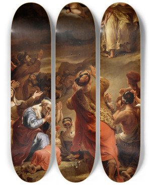 Triptych art skateboard deck of Ferdinand Bol Moses Descends From Mount Sinai With The Ten Commandments by Ferdinand Bol (1616-1680)