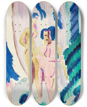 Triptych art skateboard deck of Ernst Ludwig Kirchner Drei Akte Im Bergwald by Ernst Ludwig Kirchner (1880-1938)