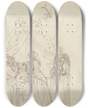 Triptych art skateboard deck of Daniel Nikolaus Chodowiecki Lovelace Liegt Im Hintergrund Des Zimmers Auf Einem Himmelbett by Daniel Nikolaus Chodowiecki (1726-1801)