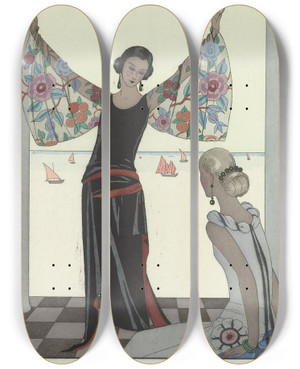 Triptych art skateboard deck of George Barbier Voici Mes Ailes by George Barbier (1882-1932)