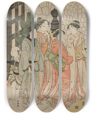 Triptych art skateboard deck of Katsukawa Shunch Young Man And Women On Tokiwa Bridge by Katsukawa Shuncho (1783-1795)
