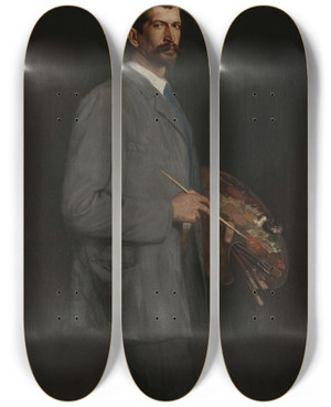 Triptych art skateboard deck of Antoni Piotrowski Selfportrait With Palette by Antoni Piotrowski (1853-1924)
