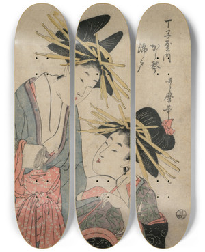 Triptych art skateboard deck of Kitagawa Utamaro Ii The Courtesans Karagoto And Nishikido Of Chojiya by Kitagawa Utamaro Ii (1831)