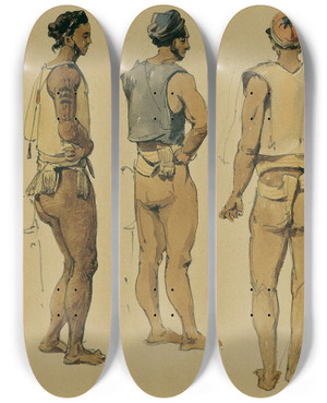 Triptych art skateboard deck of Joseph Selleny Eingeborene Der Stewart Island Stewartinsel_1 by Joseph Selleny (1824-1875)