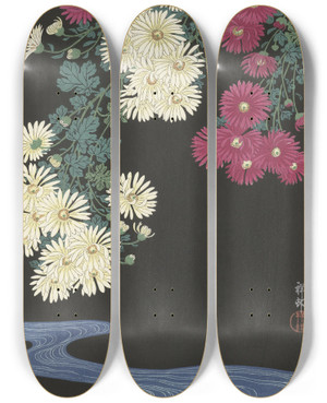 Triptych art skateboard deck of Ohara Koson Chrysanthemums And Running Water by Ohara Koson (1877-1945)