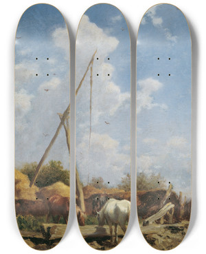 Triptych art skateboard deck of August Von Pettenkofen Ungarische Pferdetrnke by August Von Pettenkofen (1822-1889)