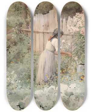 Triptych art skateboard deck of Ernestine Von Kirchsberg Buerin In Ihrem Gemsegarten by Ernestine Von Kirchsberg (1857-1924)