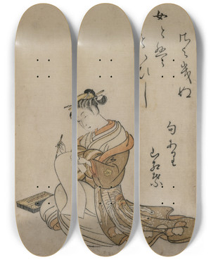 Triptych art skateboard deck of Suzuki Harunobu The Courtesan Writing From A Book From The Series A Collection Of Beautiful Women Of The Yoshiwara by Suzuki Harunobu (1724-1770)