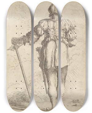 Triptych art skateboard deck of Salvator Rosa Soldier Standing Seen From Behind In A Helmet Holding A Cane by Salvator Rosa (1615-1673)