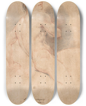 Triptych art skateboard deck of Ubaldo Gandolfi Seated Male Nude_1 by Ubaldo Gandolfi (1728-1781)