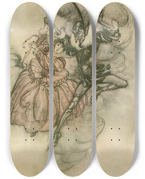 Triptych art skateboard deck of Arthur Rackham A Grand Pas De Deux Performed In The Very First Style By These Two by Arthur Rackham (1867-1939)