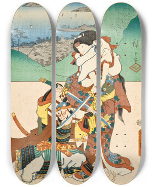Triptych art skateboard deck of Utagawa Kunisada Toyokuni Iii Minakuchi Panoramic View Of Mount Iwafuri by Utagawa Kunisada (Toyokuni III) (1786-1865)