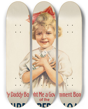 Triptych art skateboard deck of Henry Raleigh My Daddy Bought Me A Government Bond Of The Third Liberty Loan Did Yours by Henry Raleigh (1880-1944)
