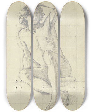 Triptych art skateboard deck of Jakob Becker Sitzender Mnnlicher Akt Die Augen Mit Der Linken Verschattend_1 by Jakob Becker (1810-1872)