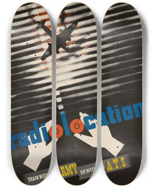 Triptych art skateboard deck of Abram Games Radiolocation Train With The Army Or With The Ats by Abram Games (1914-1996)