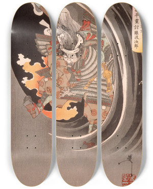 Triptych art skateboard deck of Tsukioka Yoshitoshi The Ghost Of Akugenta Yoshihira Attacking His Executioner Namba Jir At Nunobiki Waterfall by Tsukioka Yoshitoshi (1839-1892)