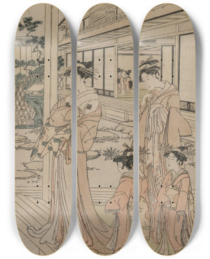 Triptych art skateboard deck of Toyokuni Utagawa Courtesan Standing On A Veranda by Toyokuni Utagawa (1769-1825)