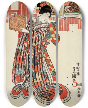 Triptych art skateboard deck of Utagawa Kunisada Toyokuni Iii Poem By Kamakura Udaijin by Utagawa Kunisada (Toyokuni III) (1786-1865)