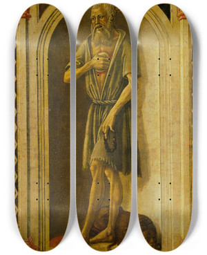 Triptych art skateboard deck of Benvenuto Di Giovanni Saint Jerome by Benvenuto Di Giovanni (1436-1509)