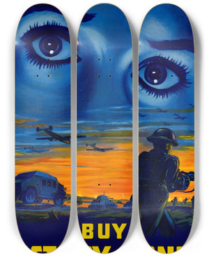 Triptych art skateboard deck of G K Odell Buy Victory Bonds by G K Odell (20-)