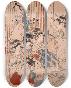 Triptych art skateboard deck of Kitagawa Utamaro Courtesans Of The Giya Brothel On Display by Kitagawa Utamaro (1753-1806)