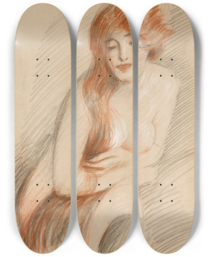 Triptych art skateboard deck of Paul Csar Helleu Nu Fminin La Longue Chevelure by Paul Cesar Helleu (1859-1927)