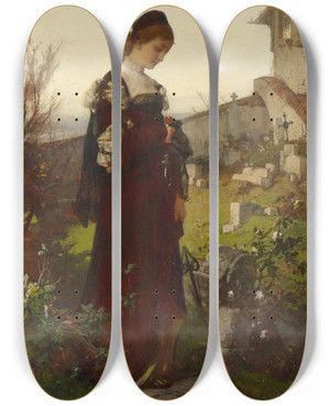 Triptych art skateboard deck of Alexander Von Liezenmayer Mdchen Auf Einem Friedhof by Alexander Von Liezen Mayer (1839-1898)