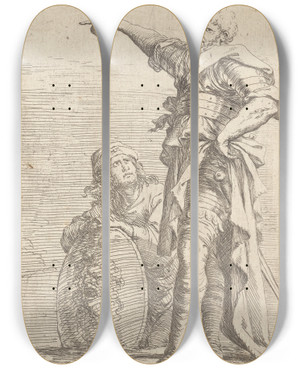 Triptych art skateboard deck of Salvator Rosa Two Soldiers One Pointing Toward The Left The One Below Holding A Shield by Salvator Rosa (1615-1673)