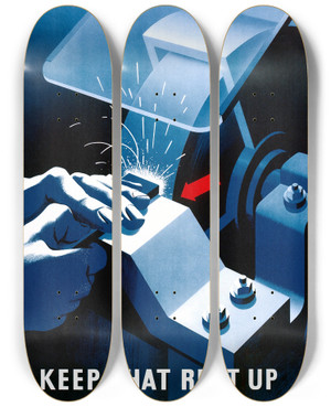 Triptych art skateboard deck of Leonard Cusden Keep That Rest Up by Leonard Cusden (1898-1979)