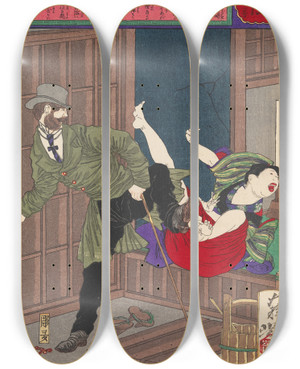 Triptych art skateboard deck of Tsukioka Yoshitoshi A Wicked Foreigner Refuses To Pay A Young Prostitute by Tsukioka Yoshitoshi (1839-1892)
