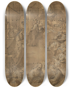 Triptych art skateboard deck of Ventura Salimbeni El Nacimiento De La Virgen by Ventura Salimbeni (1568-1613)