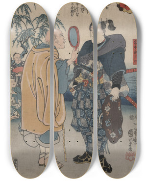 Triptych art skateboard deck of Utagawa Kuniyoshi Miyamoto Musashi by Utagawa Kuniyoshi (1797-1861)