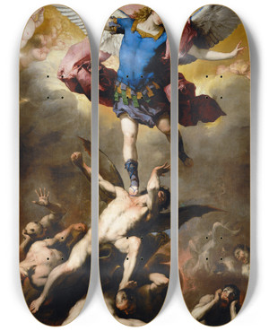 Triptych art skateboard deck of Luca Giordano The Fall Of The Rebel Angels by Luca Giordano (1634-1705)