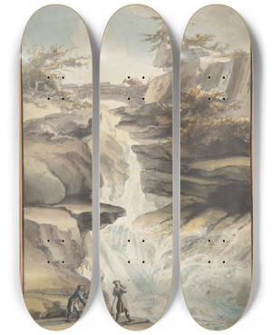 Triptych art skateboard deck of Caspar Wolf A Bridge On The Aar At The Foot Of The Grimsel In The Canton Of Berne by Caspar Wolf (1735-1783)