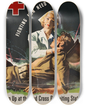 Triptych art skateboard deck of Jon Whitcomb Fighting Men Need Nurses by Jon Whitcomb (1906-1988)