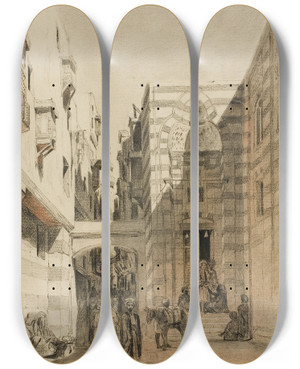 Triptych art skateboard deck of Charles Franois Eustache Egyptian Street Scene by Charles Francois Eustache (1820-1870)