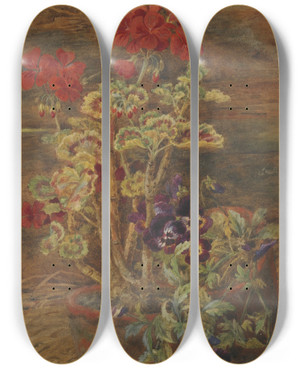Triptych art skateboard deck of John Henry Hipsley Geraniums And Pansies by John Henry Hipsley
