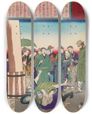 Triptych art skateboard deck of Tsukioka Yoshitoshi The Carpenter Hanshichi Of Fukagawa Seizes His Daughters Attacker by Tsukioka Yoshitoshi (1839-1892)