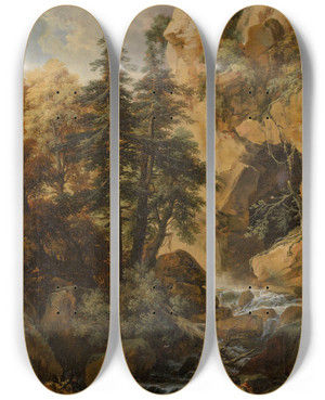 Triptych art skateboard deck of Johann Samuel Htzendorf Waldlandschaft Mit Felsenhhle Wildbach Und Staffage by Johann Samuel Hotzendorf (1694-1742)