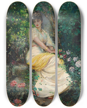Triptych art skateboard deck of Douard Frdric Wilhelm Richter A Seat In The Shade by douard Frdric Wilhelm Richter (1844-1913)