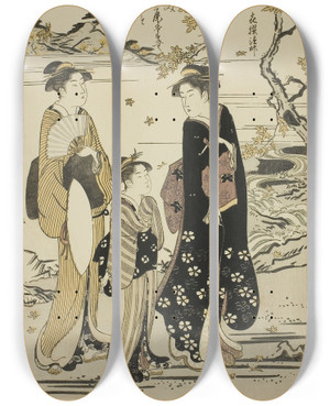 Triptych art skateboard deck of Chbunsai Eishi The Priest Kisen From The Series Six Immortal Poets Rokkasen by Chobunsai Eishi (1756-1829)