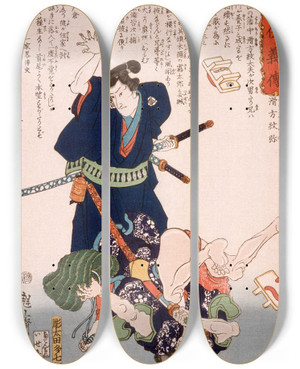 Triptych art skateboard deck of Tsukioka Yoshitoshi Namekata Monya Throwing An Assailant To The Ground by Tsukioka Yoshitoshi (1839-1892)